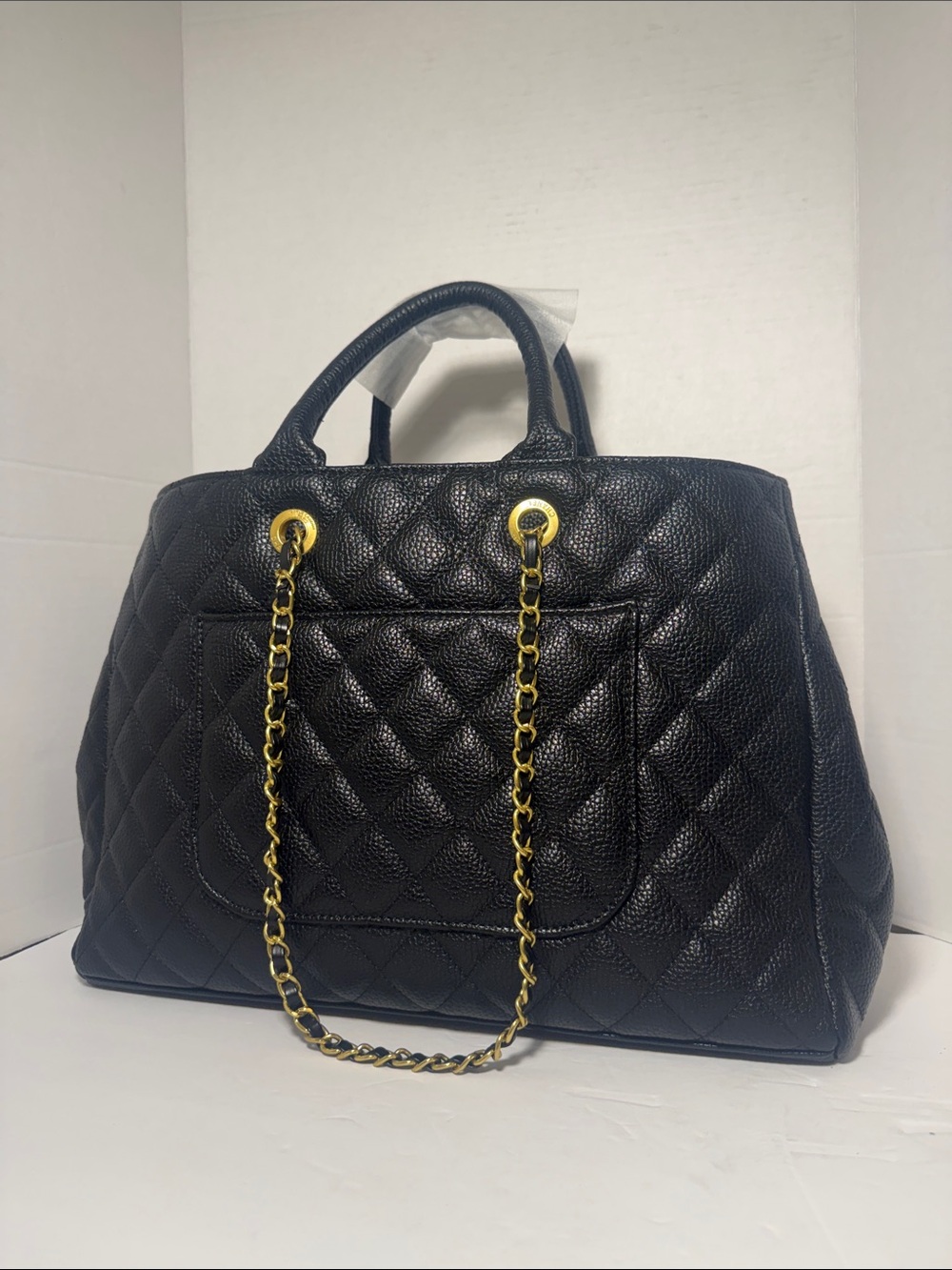 Quilted Black Tote with Gold Chain Handles